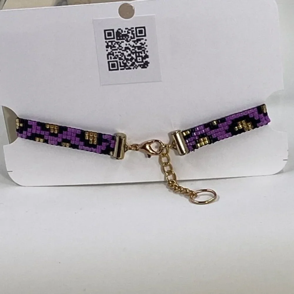 Purple Black and Gold Leppard Print  Cheeta Pattern Seed Bead  Bracelet